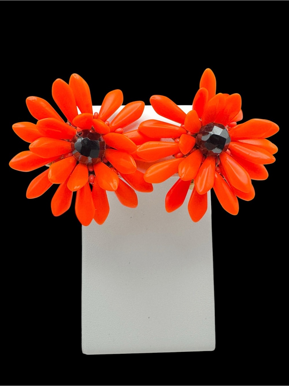 Vintage MCM Orange Acrylic & Faceted Black Bead Flower Clip On Earring